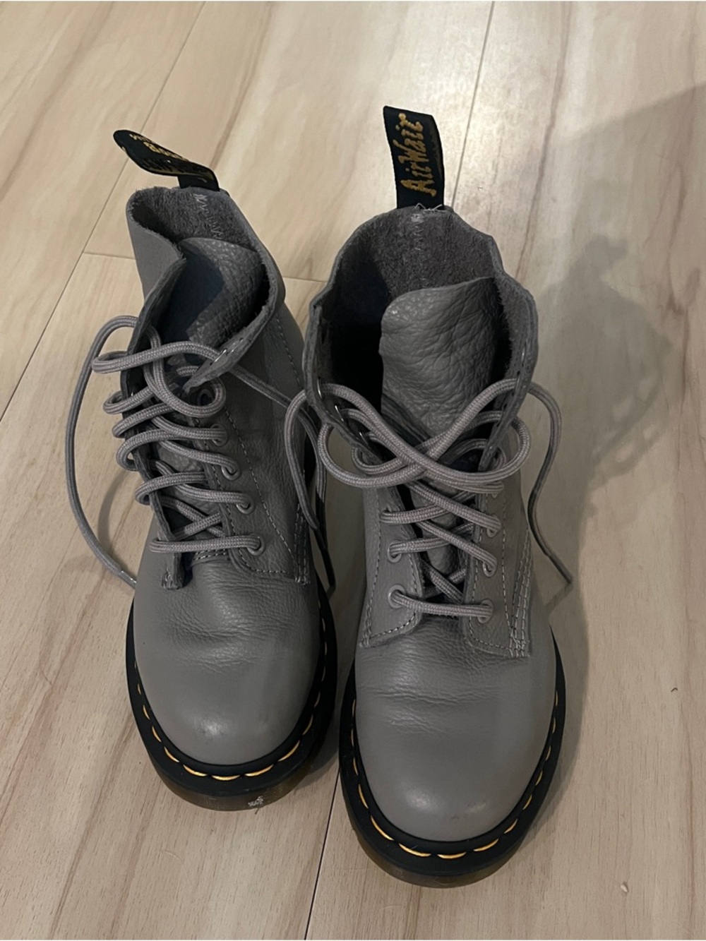 Women’s Doc Martens - Gray Leather Lace-Up Boots with Yellow Stitching